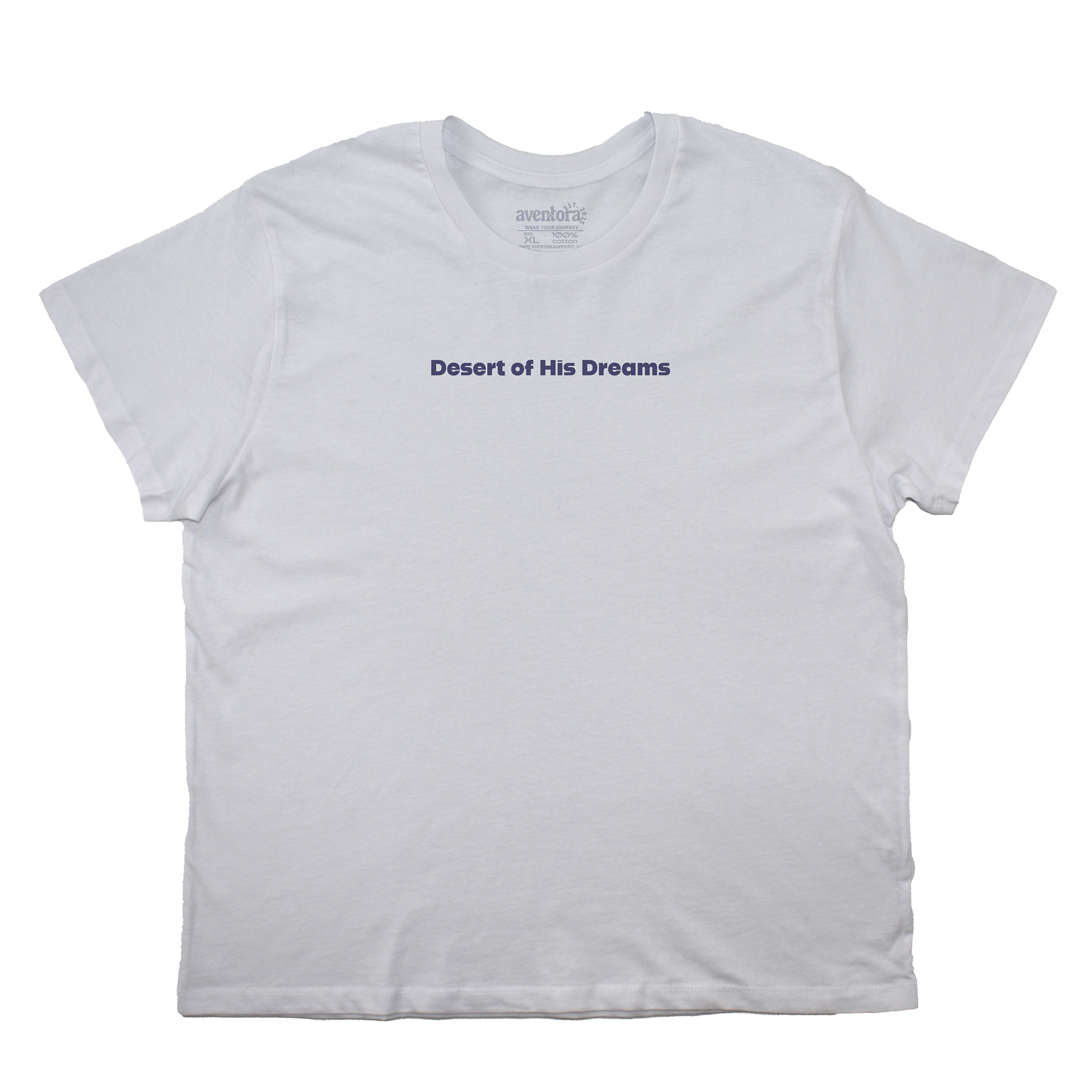White t-shirt with 'Desert of His Dreams' text on a white background