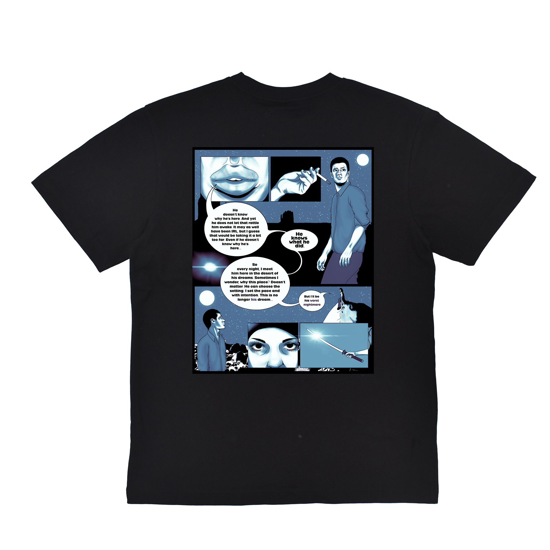 Black t-shirt with a comic-style graphic design on a white background