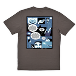 Gray t-shirt with a comic book-style graphic on the back