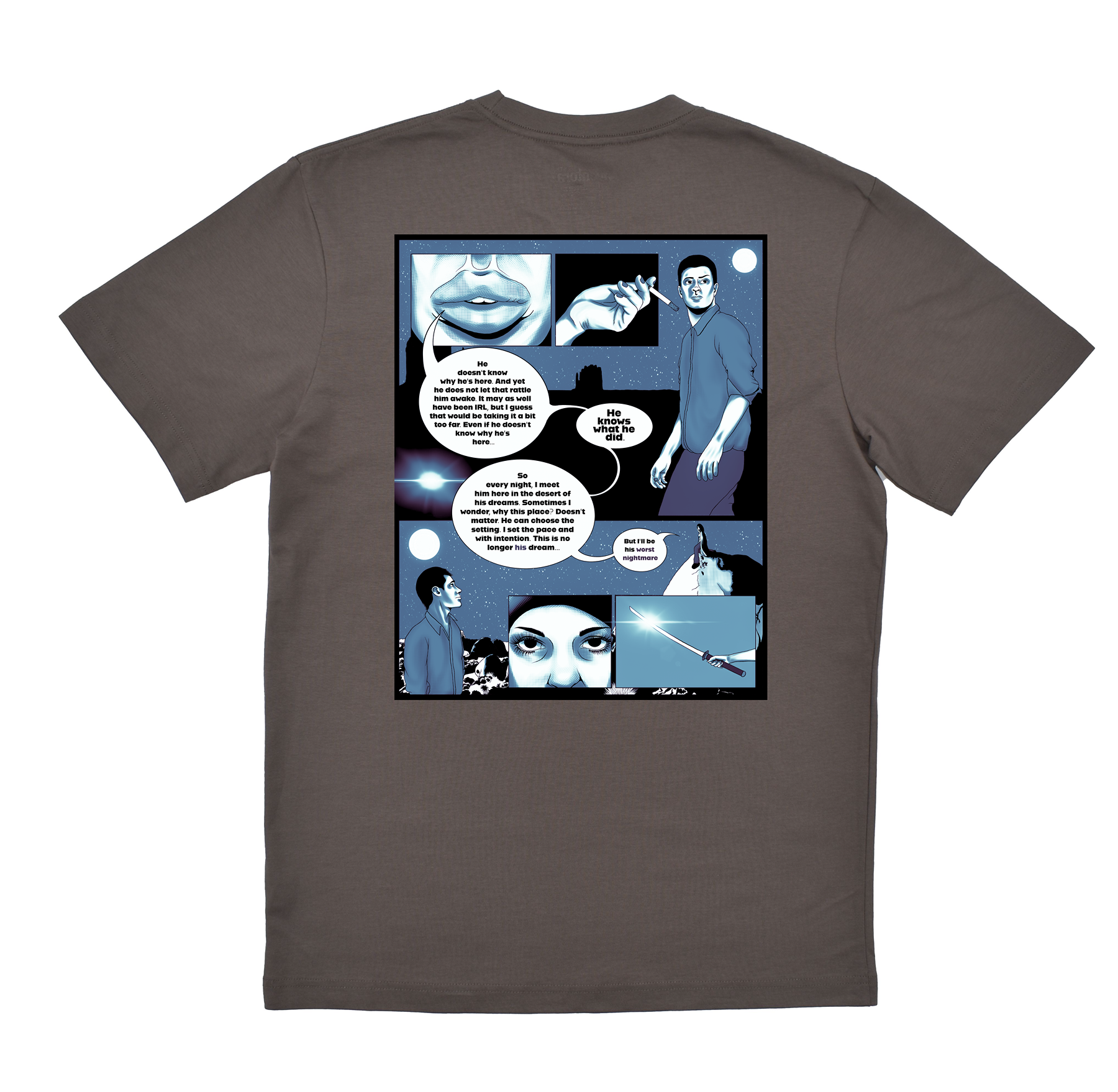 Gray t-shirt with a comic book-style graphic on the back