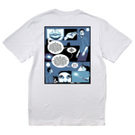 White t-shirt with a comic-style graphic on the back against a white background