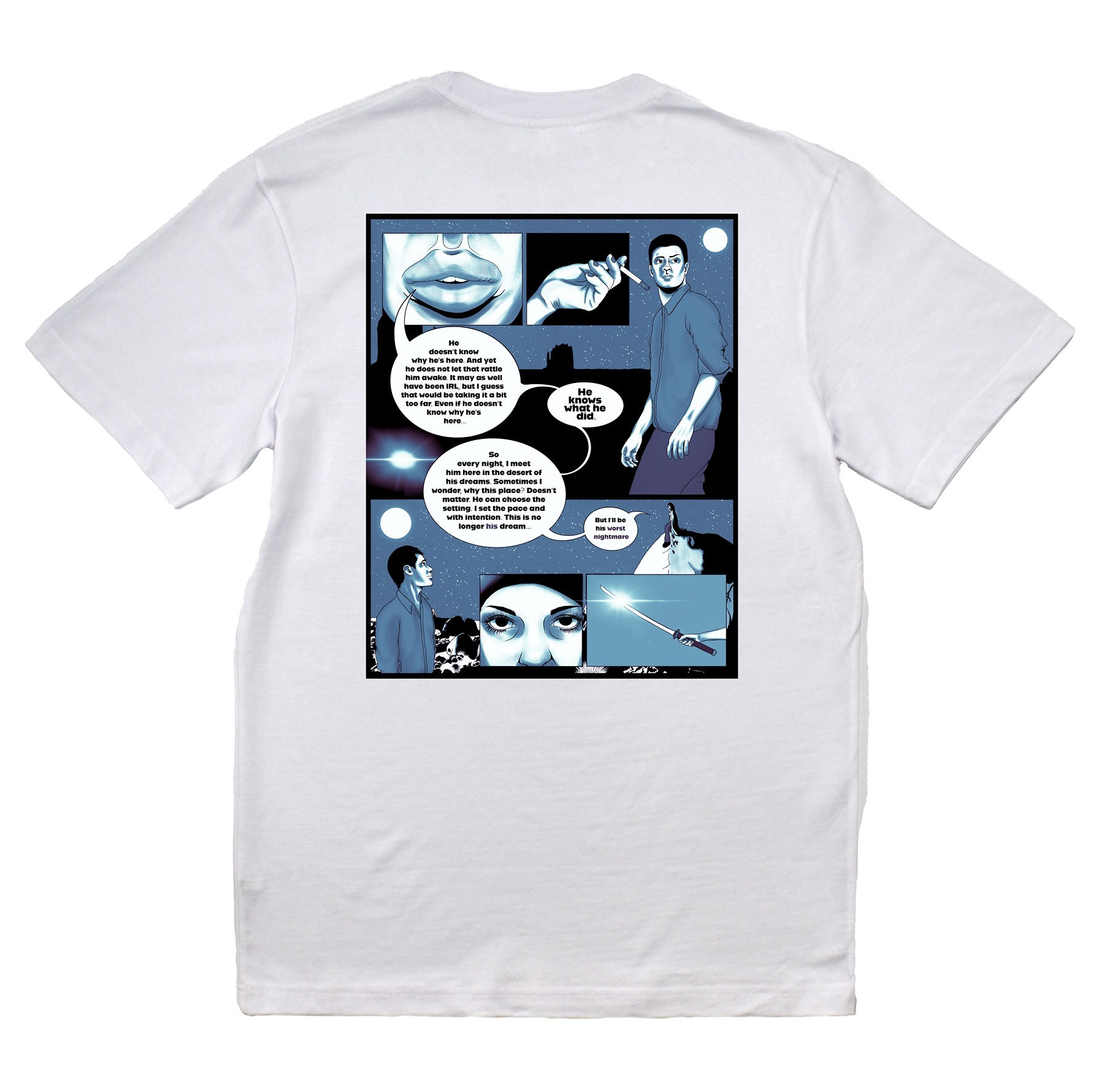 White t-shirt with a comic-style graphic on the back against a white background