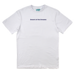 White t-shirt with 'Desert of His Dreams' text on a white background