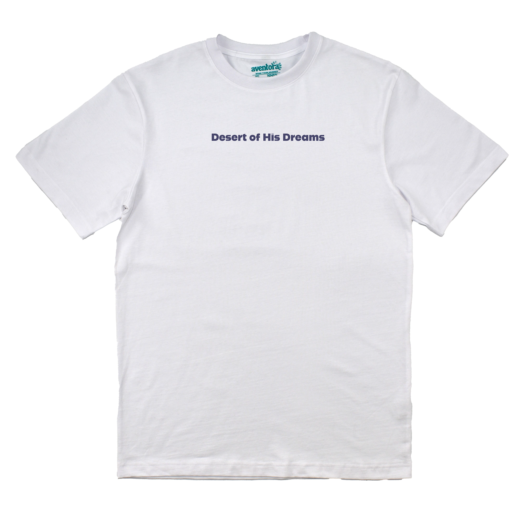 White t-shirt with 'Desert of His Dreams' text on a white background