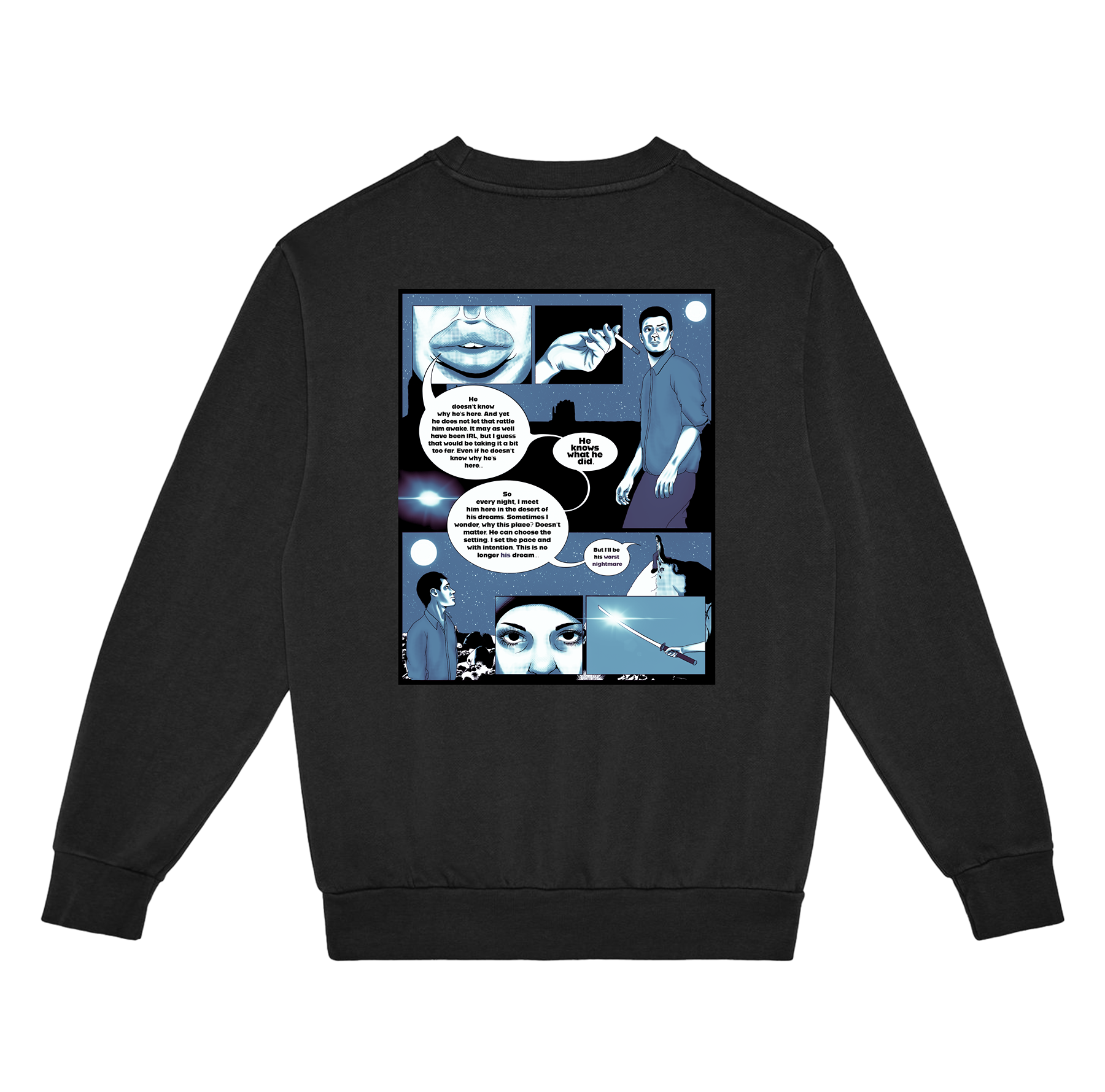Black sweatshirt with a comic-style graphic on the back against a white background