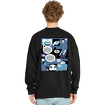 Person wearing a black sweatshirt with a comic-style design on the back