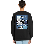 Black sweatshirt with a comic-style design on the back, worn by a person.