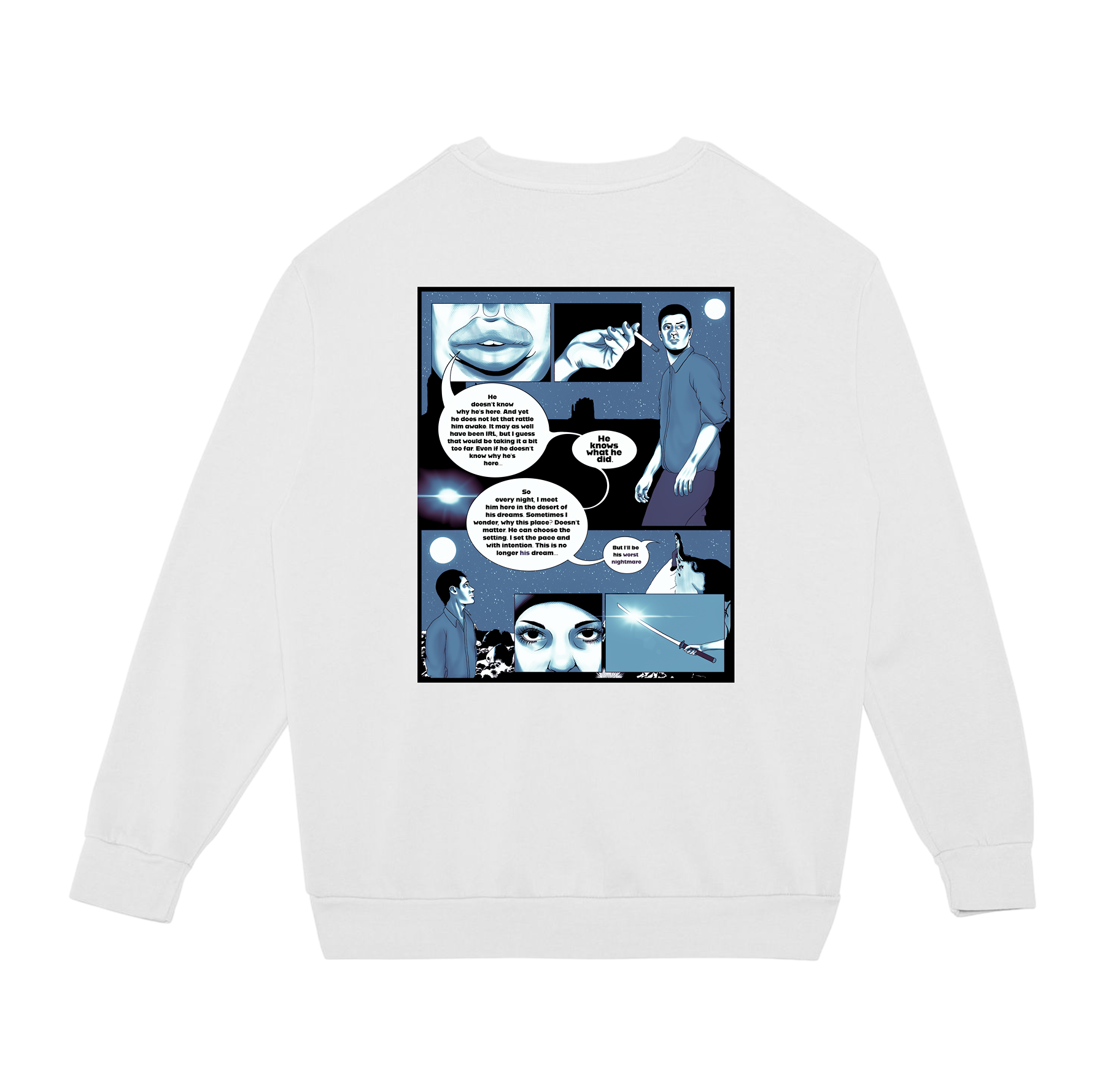 White sweatshirt with a comic-style design on the back against a white background