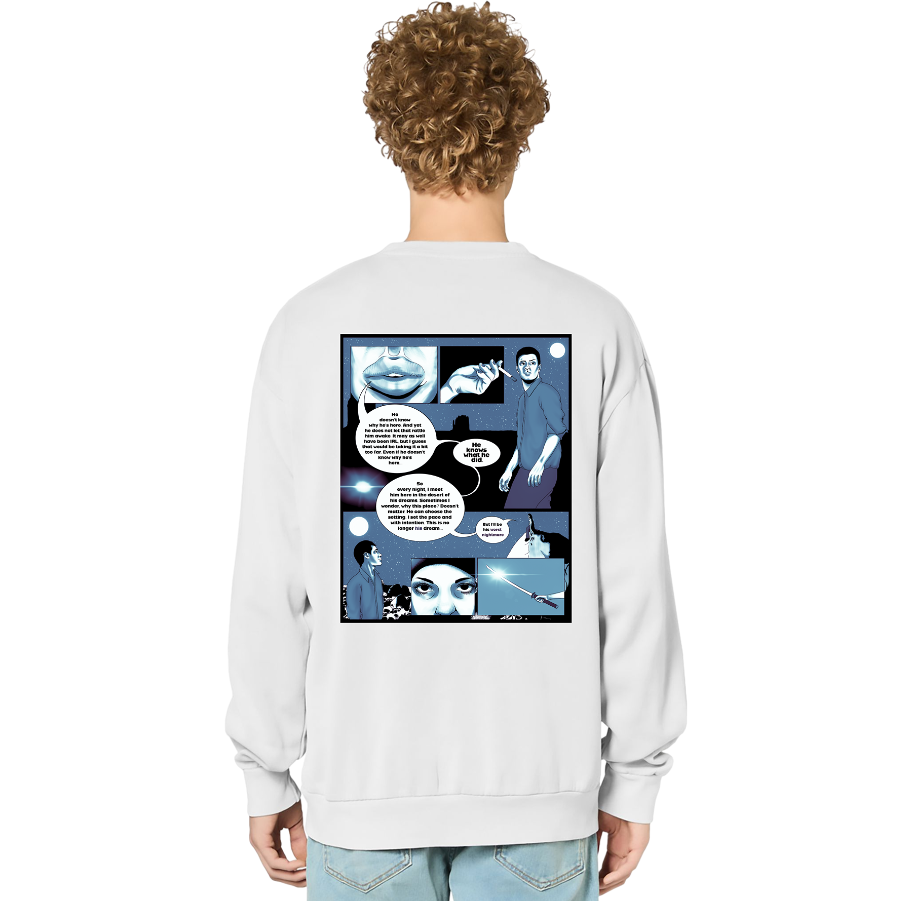 Person wearing a white sweatshirt with a comic-style design on the back