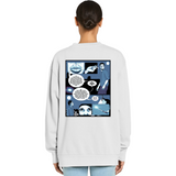 Person wearing a white sweatshirt with a comic-style design on the back against a white background