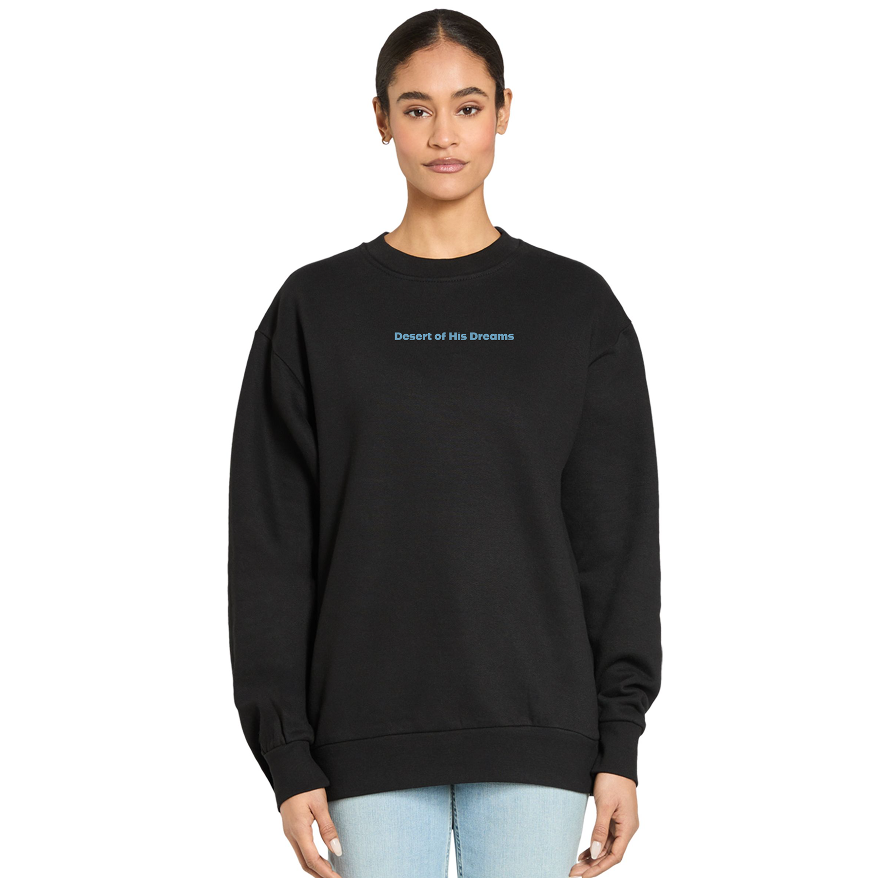 Person wearing a black sweatshirt with text on a white background