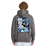Person wearing a gray hoodie with a graphic design on the back against a white background