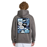 Person wearing a gray hoodie with a graphic design on the back against a white background