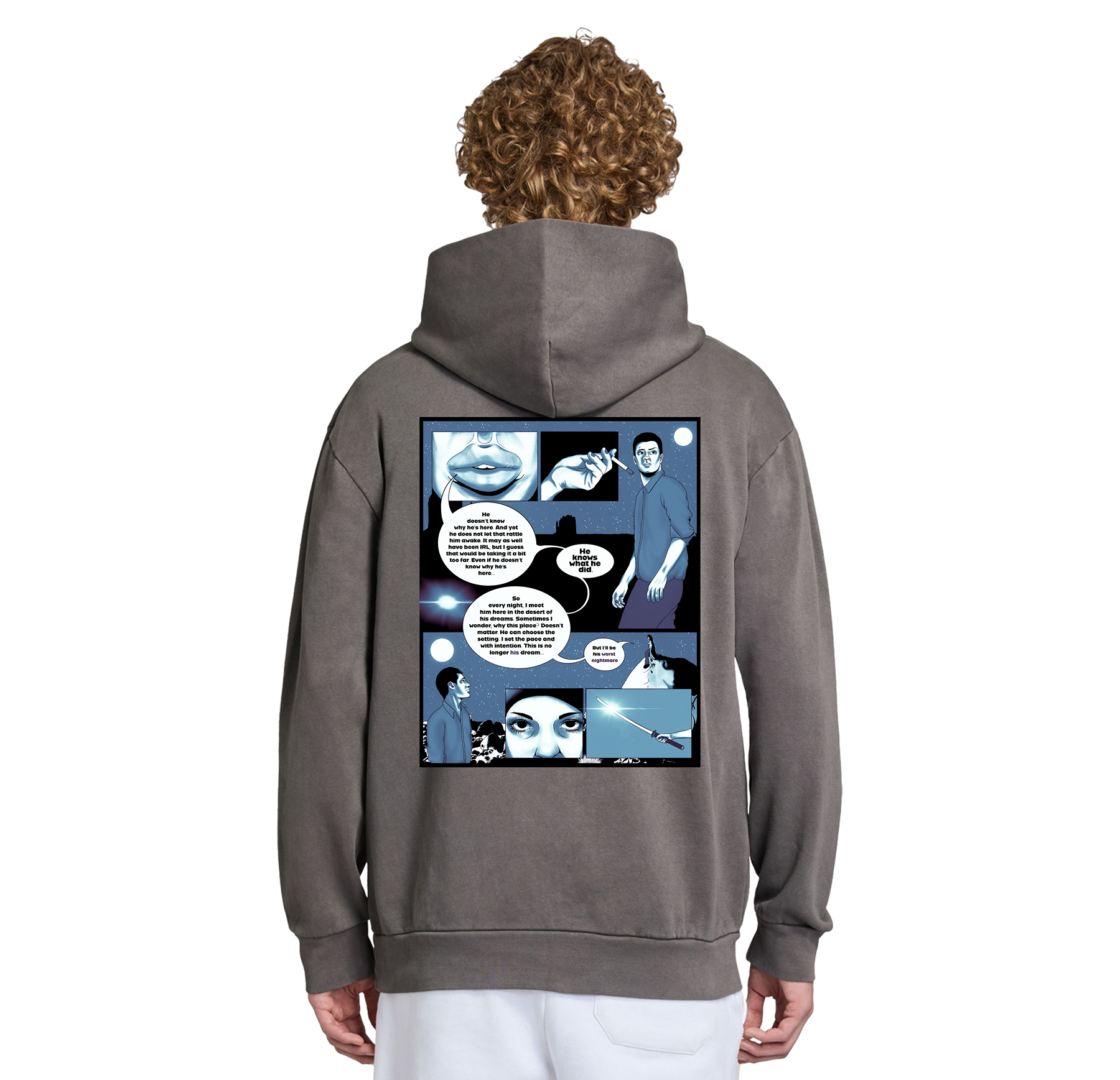 Person wearing a gray hoodie with a graphic design on the back against a white background