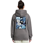 Person wearing a gray hoodie with a comic-style design on the back against a white background