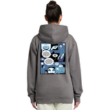 Person wearing a gray hoodie with a comic-style design on the back against a white background