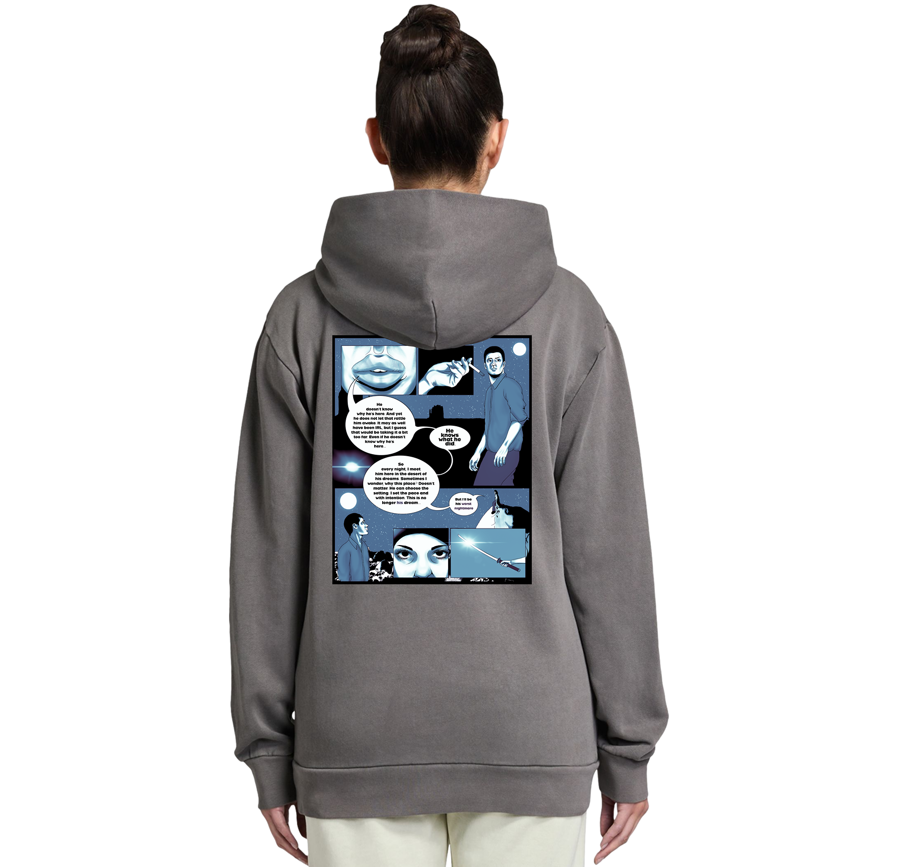 Person wearing a gray hoodie with a comic-style design on the back against a white background