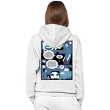 White hoodie with a comic-style design on the back, worn by a person.