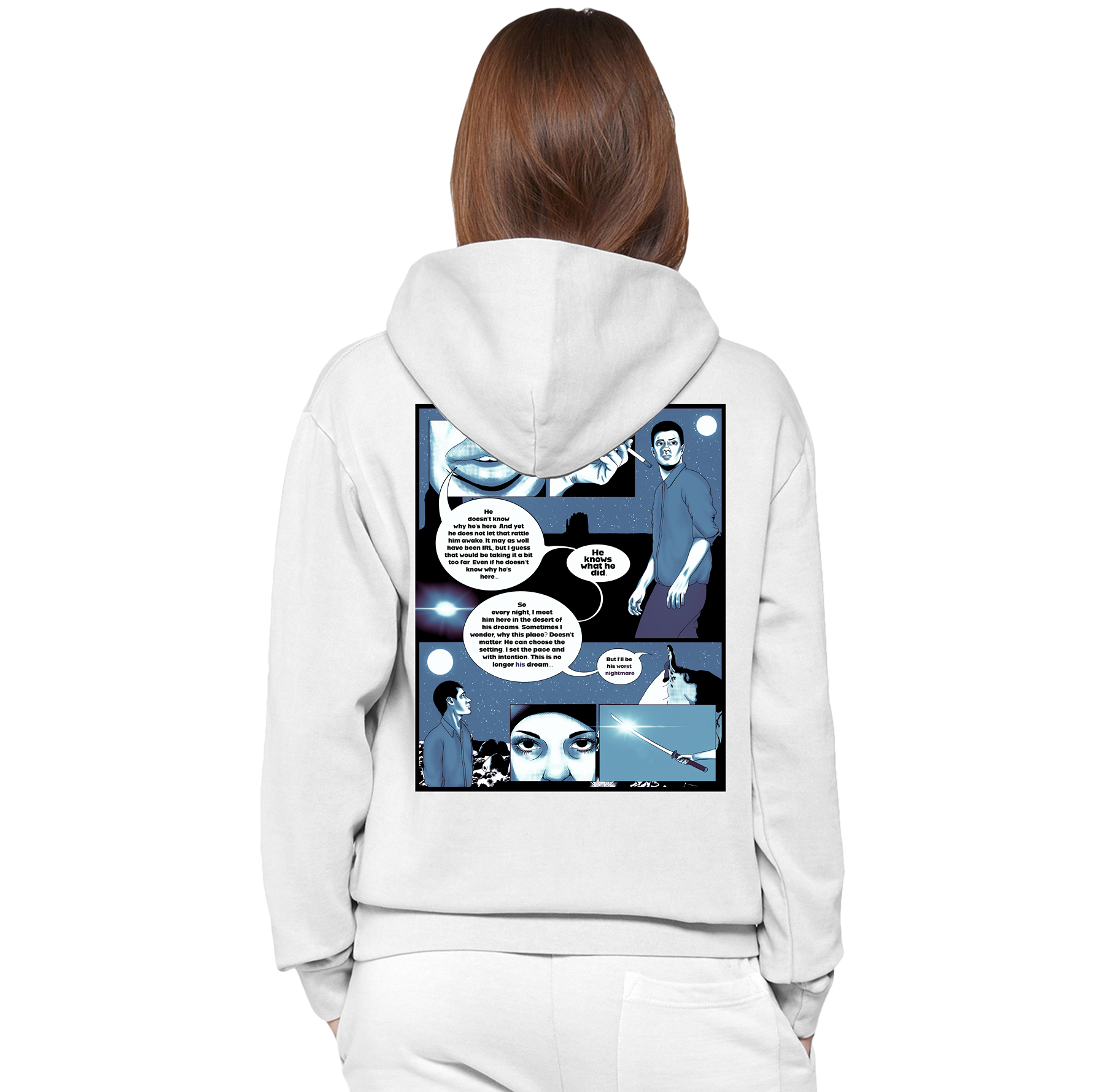 White hoodie with a comic-style design on the back, worn by a person.