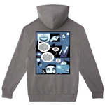Gray hoodie with a comic-style graphic on the back against a white background