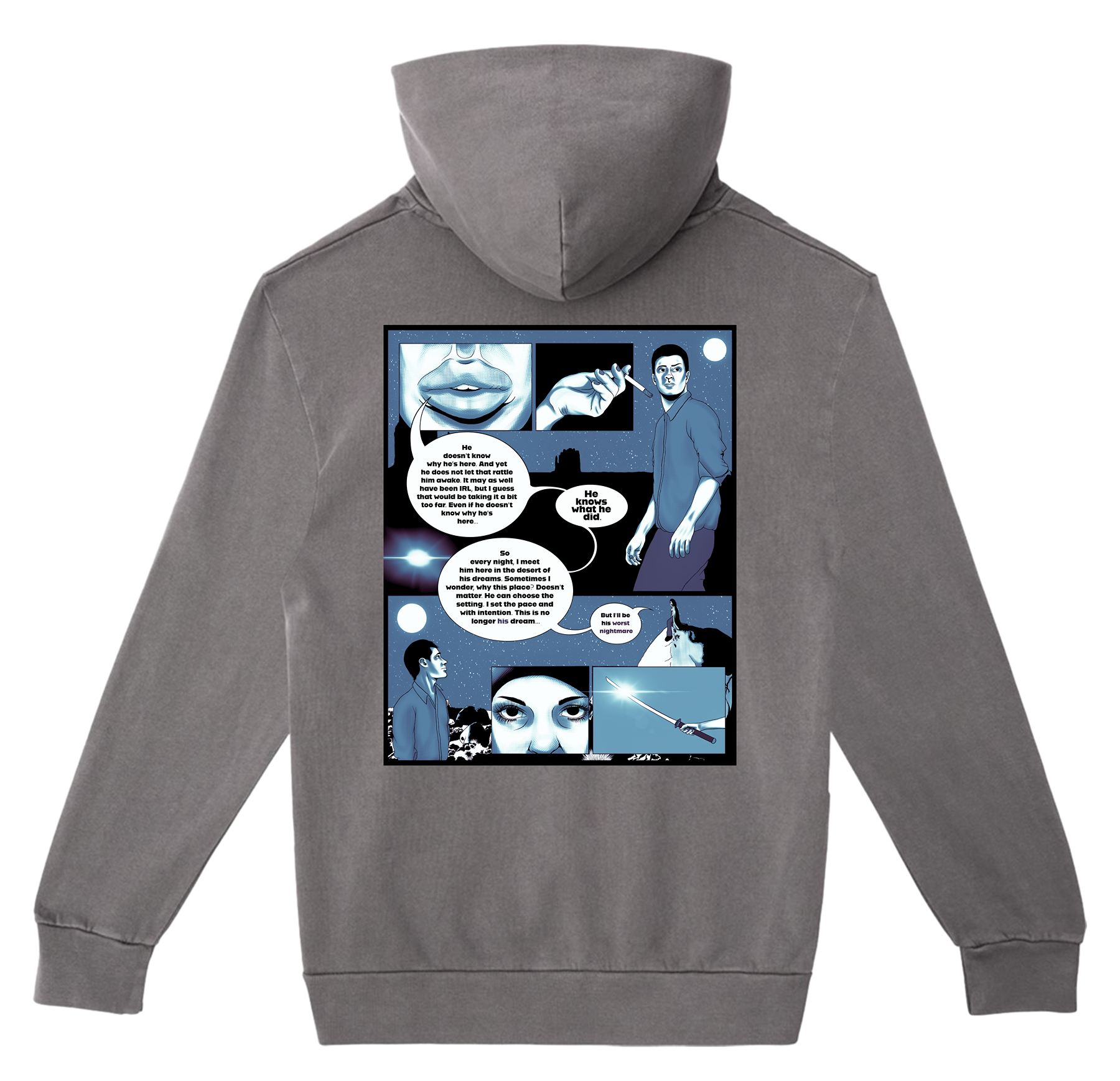 Gray hoodie with a comic-style graphic on the back against a white background