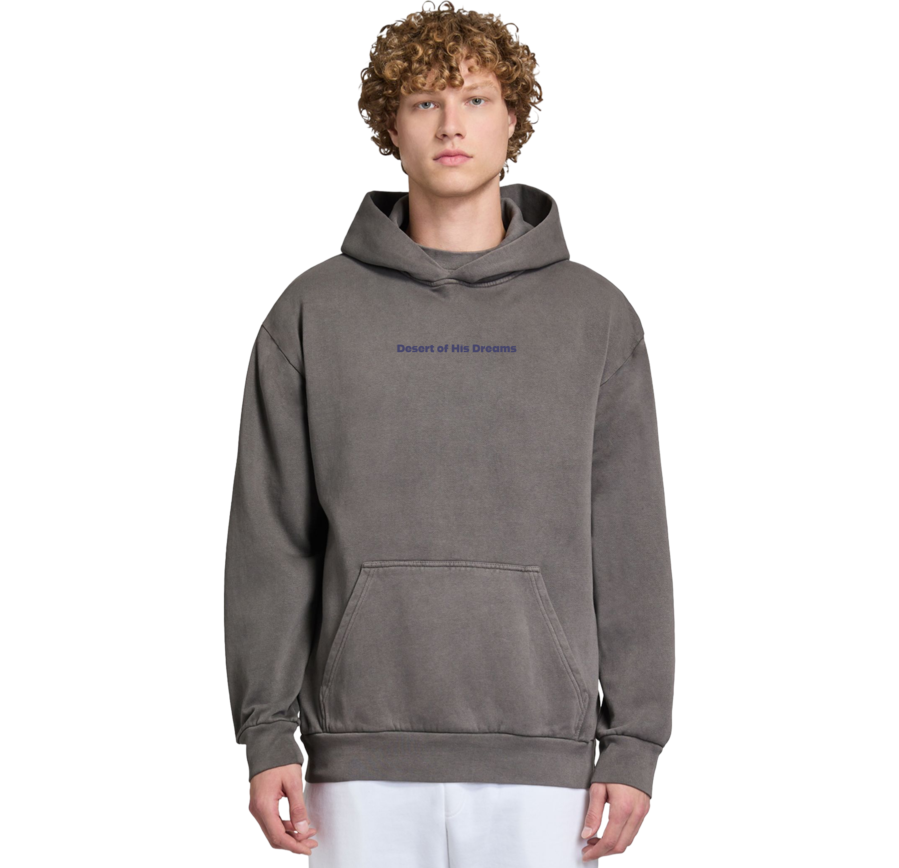 Person wearing a gray hoodie with text on a white background