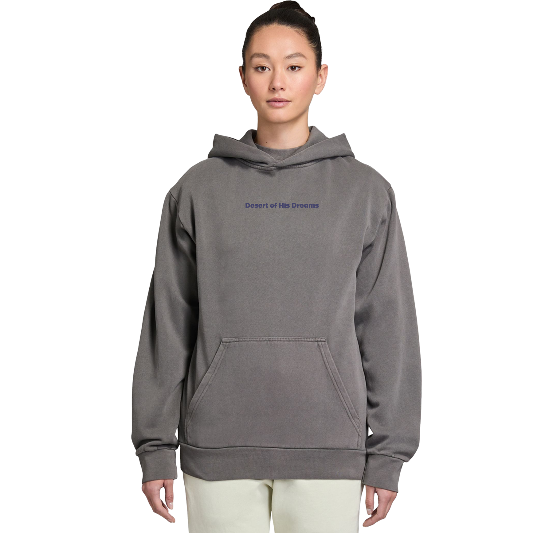 Person wearing a gray hoodie with text on a white background
