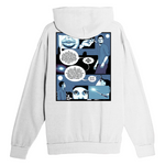 White hoodie with a comic-style design on the back against a white background