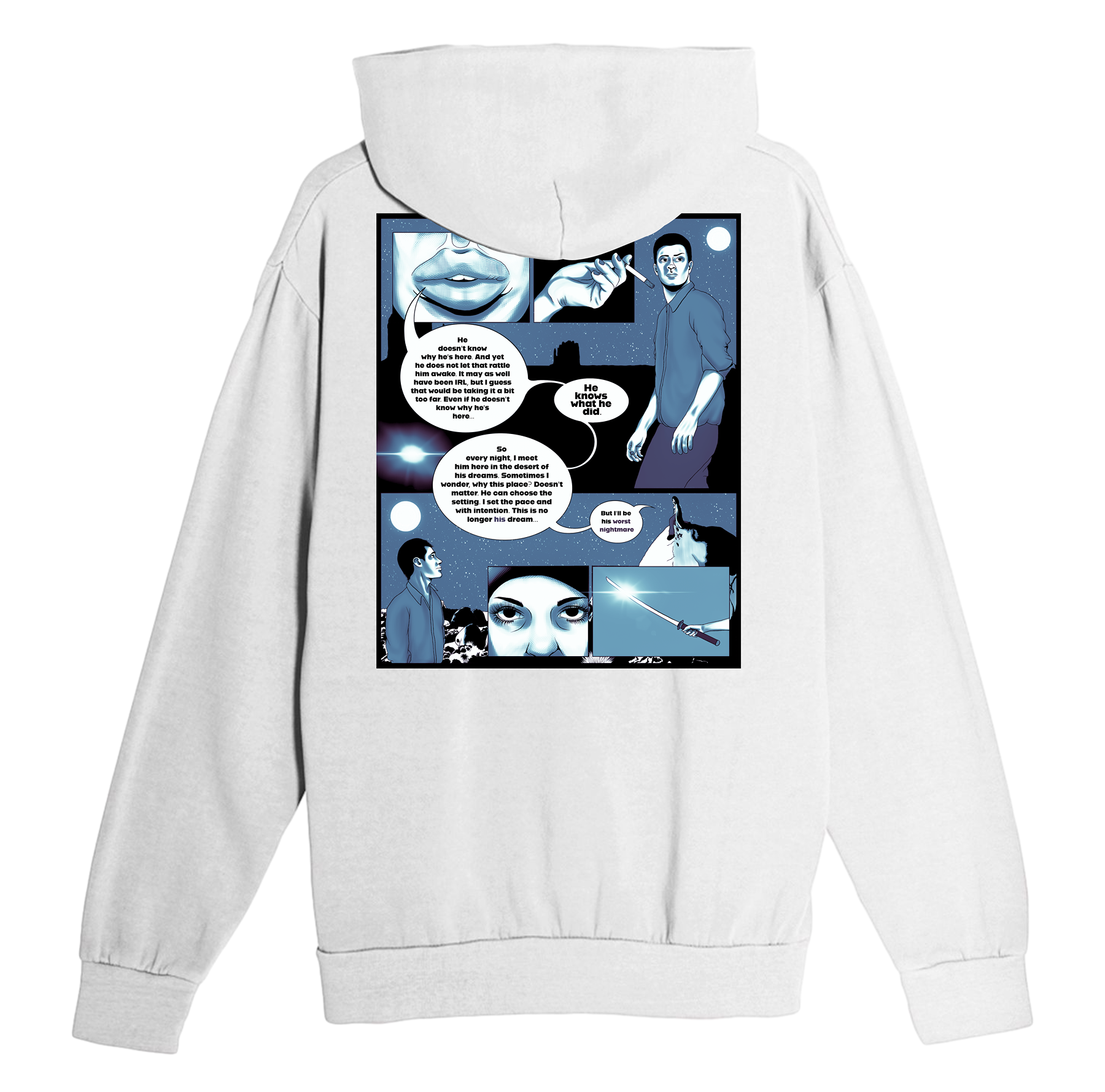 White hoodie with a comic-style design on the back against a white background