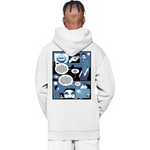 Person wearing a white hoodie with a graphic design on the back against a white background