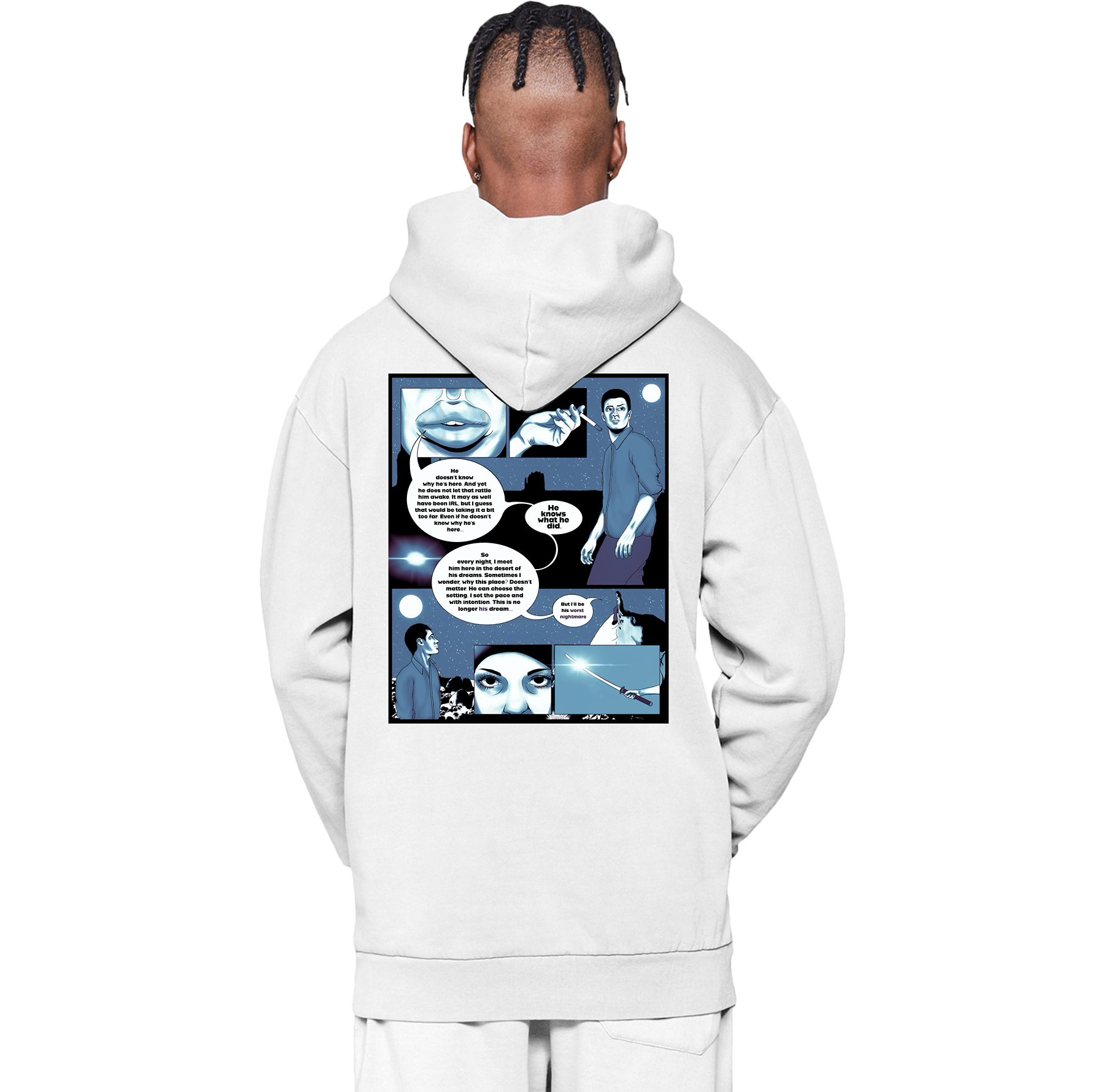 Person wearing a white hoodie with a graphic design on the back against a white background