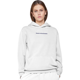 Person wearing a light gray hoodie with text on a white background