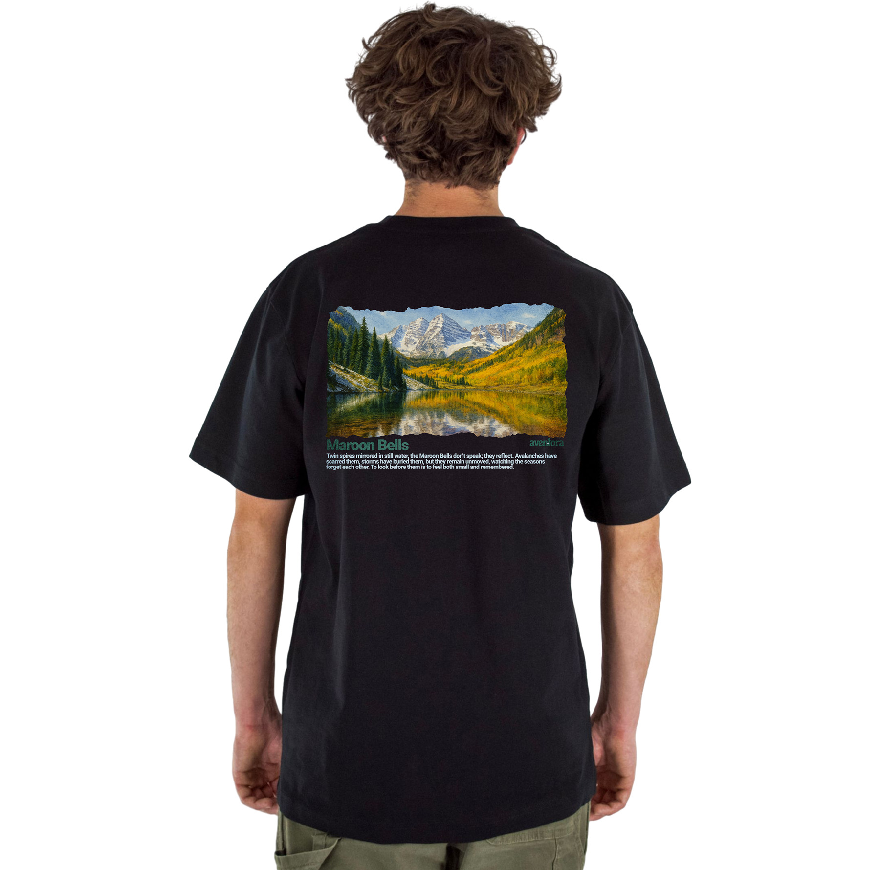 Person wearing a black t-shirt with a scenic landscape design on the back