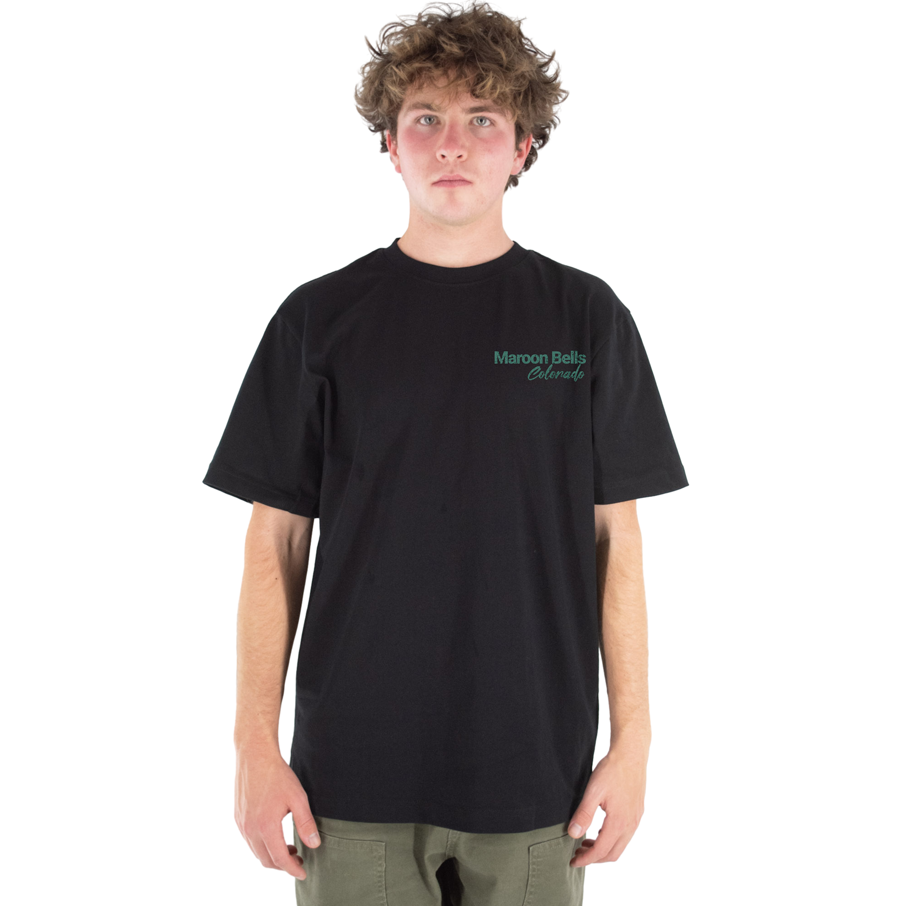 Person wearing a black t-shirt with a logo on a white background