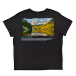 Black t-shirt with a scenic print of the Maroon Bells in Colorado on a white background