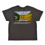 Black t-shirt with a scenic print of mountains and lake on a white background