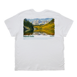 White t-shirt with a scenic print of 'Maroon Bells' on a white background