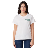 Woman wearing a white t-shirt with 'Maroon Bells Colorado' text on a white background