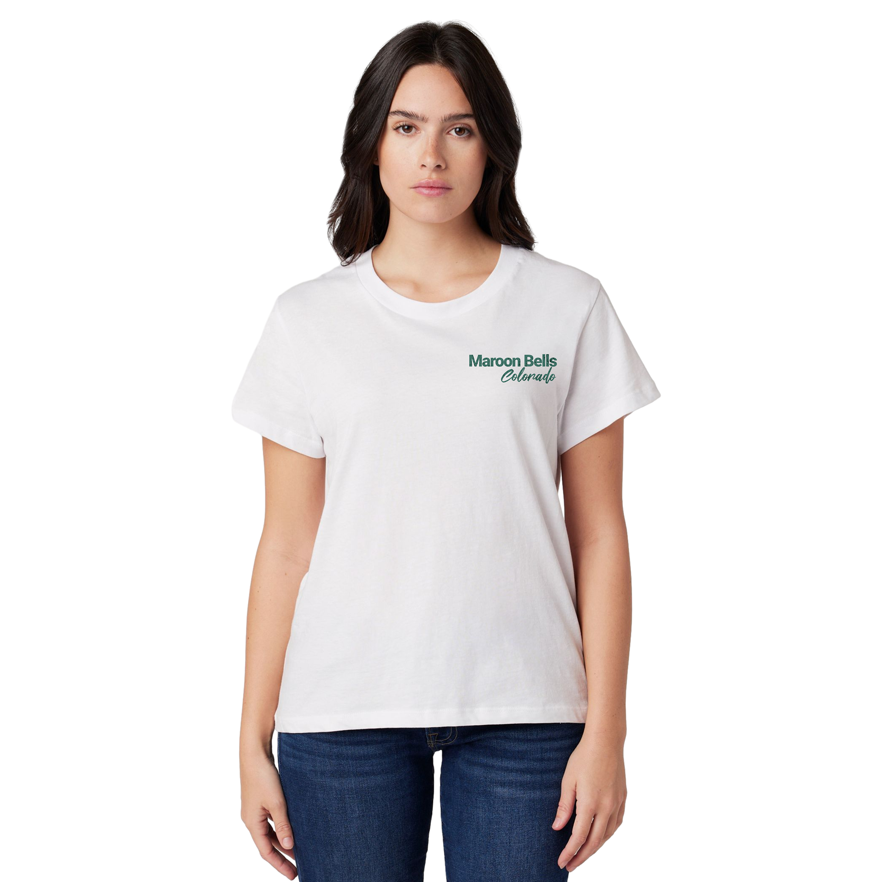 Woman wearing a white t-shirt with 'Maroon Bells Colorado' text on a white background