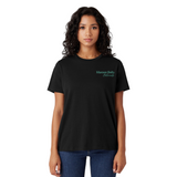Woman wearing a black t-shirt with text on a white background
