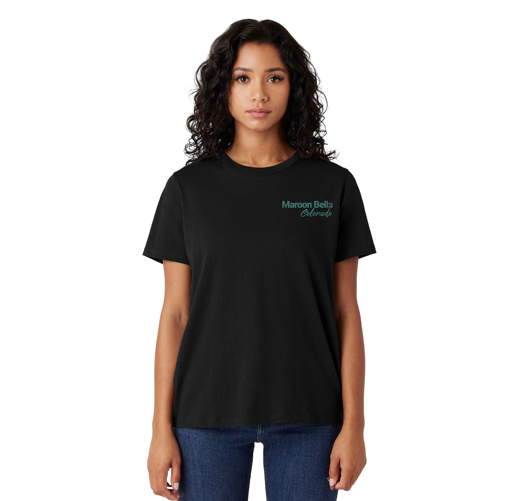 Woman wearing a black t-shirt with text on a white background