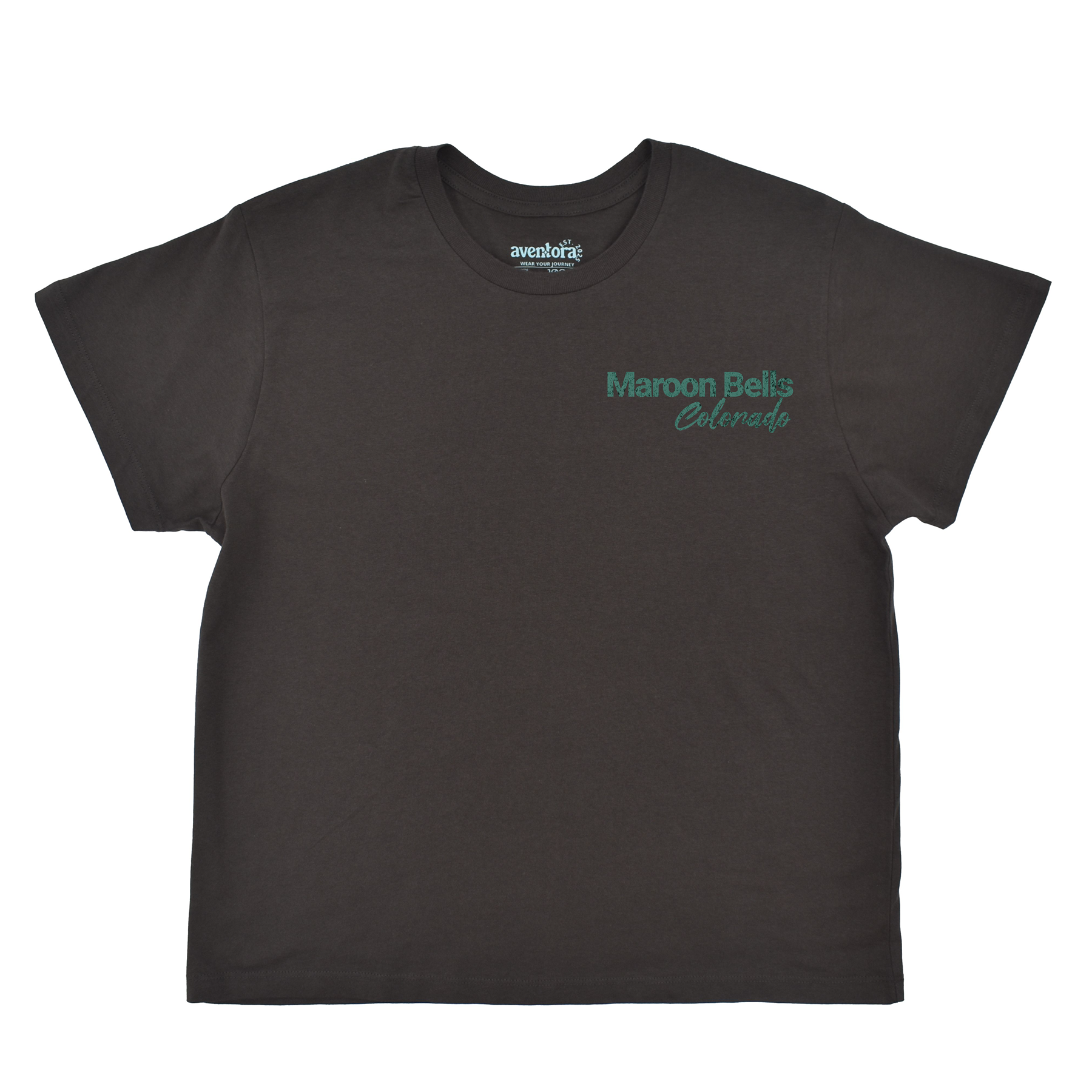 Black t-shirt with 'Maroon Bells Colorado' text on a white background