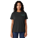 Woman wearing a black t-shirt with a logo on a white background