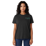 Woman wearing a black t-shirt with a logo on a white background