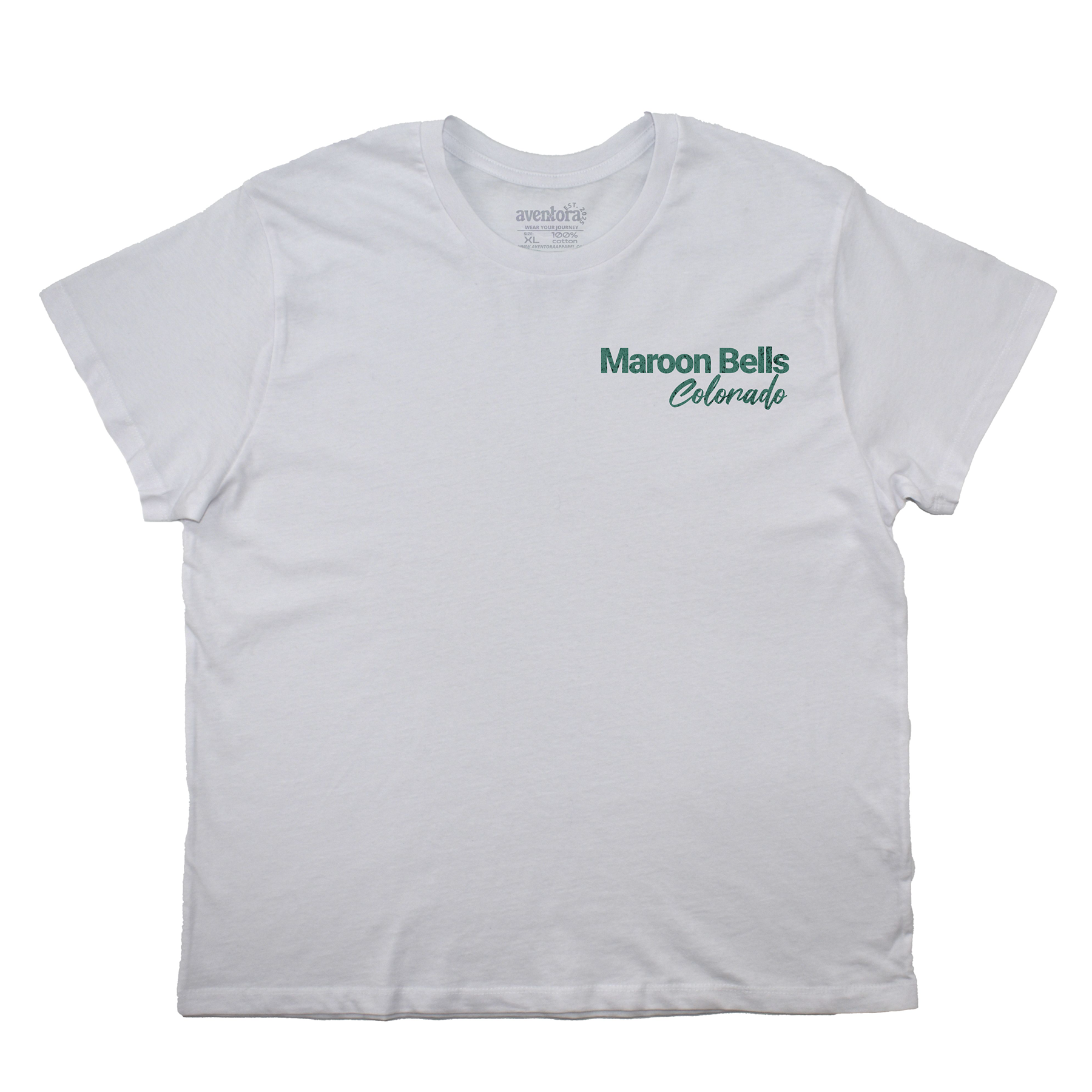 White t-shirt with 'Maroon Bells Colorado' text on a white background