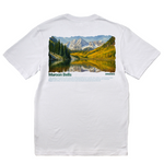 White t-shirt with a scenic print of 'Maroon Bells' on the back