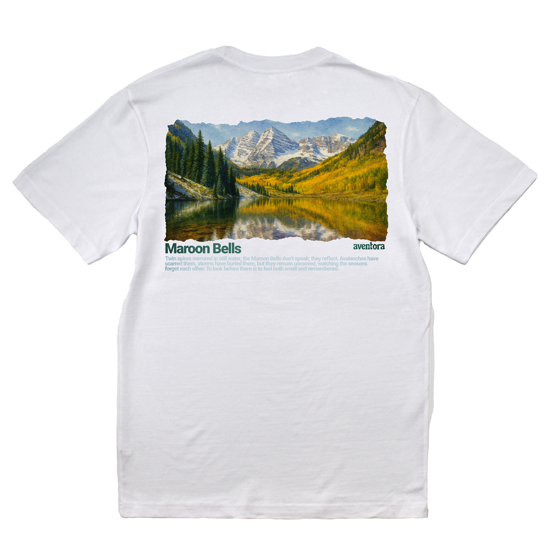 White t-shirt with a scenic print of 'Maroon Bells' on the back