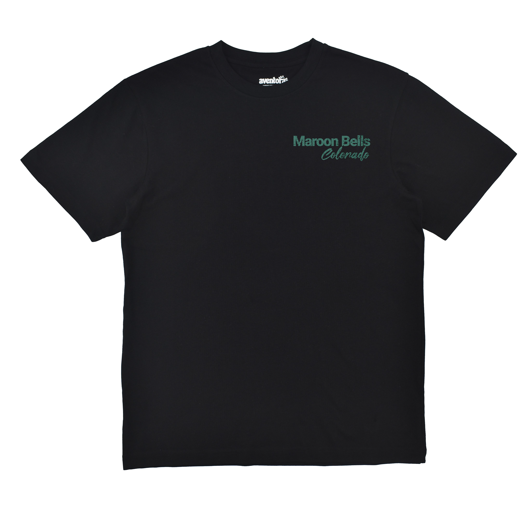 Black t-shirt with 'Maroon Bells Colorado' text on a white background