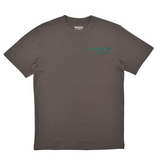 Gray t-shirt with teal text on a white background
