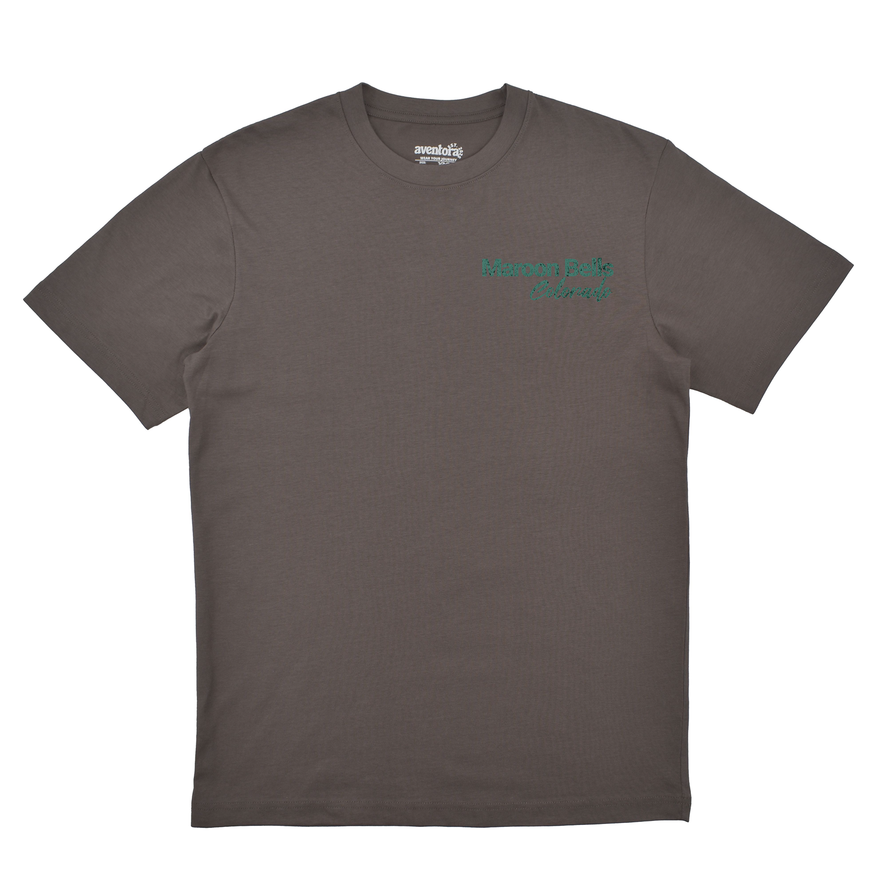 Gray t-shirt with teal text on a white background